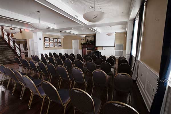 Event space set up for a corporate meeting.